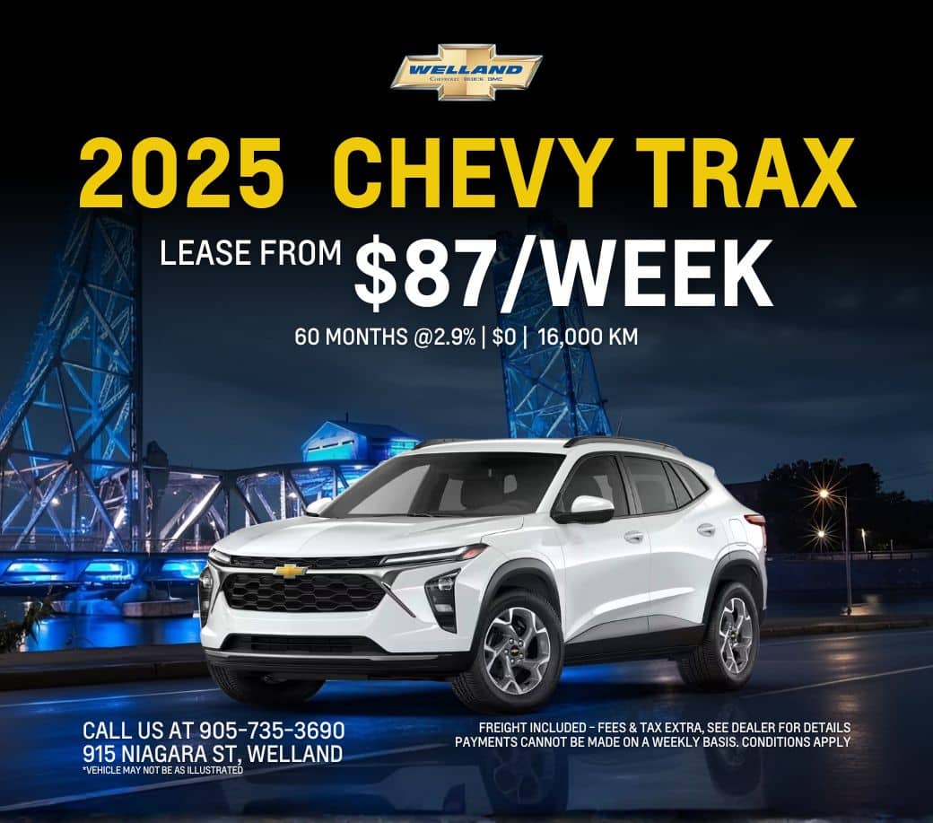 2025 Chevy Trax promotional image featuring a white SUV with leasing details: $87 per week for 60 months at 2.9% interest, 16,000 km limit, available at Welland dealership. Contact information included for inquiries.