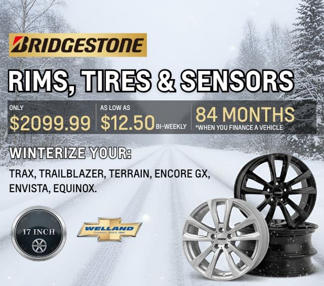Bridgestone advertisement featuring rims, tires, and sensors for winter vehicle preparation, priced at $2099.99 or $12.50 bi-weekly financing for 84 months. Suitable for Trax, Trailblazer, Terrain, Encore GX, Envista, and Equinox models.