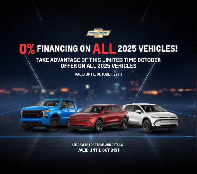 Promotional image featuring three Chevrolet 2025 vehicles with a bold announcement of 0% financing on all models. The text highlights a limited-time offer valid until October 27th, encouraging customers to visit the dealer for terms and details.