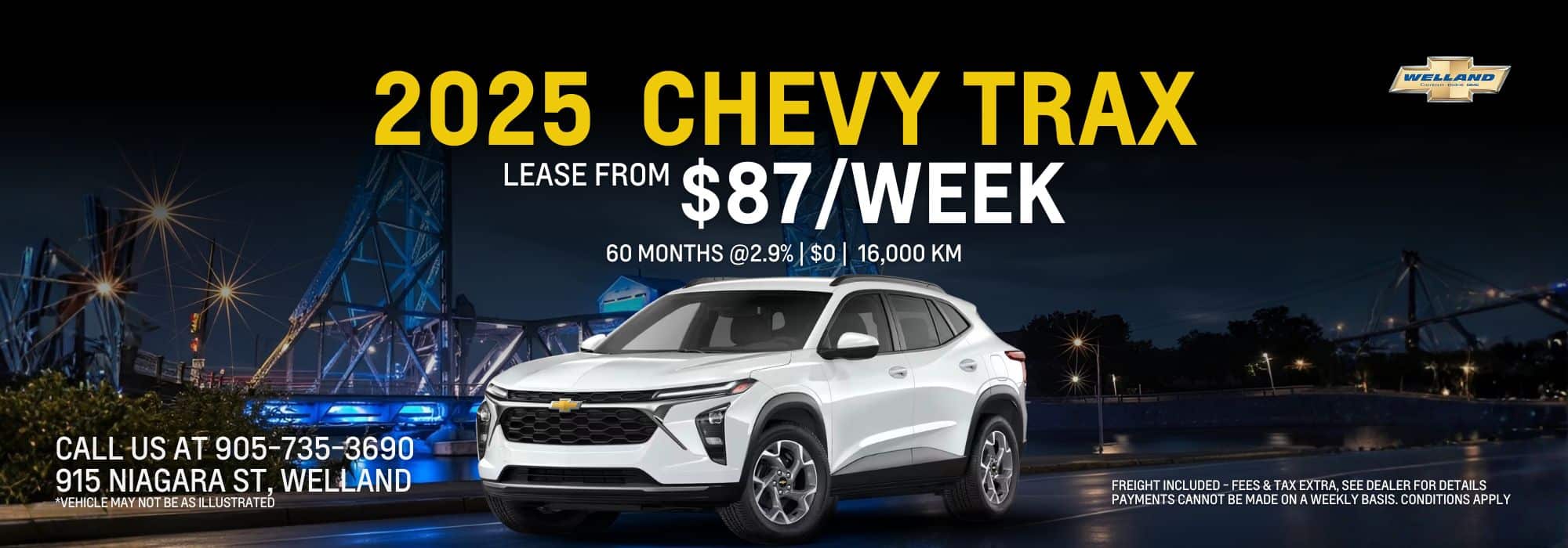 2025 Chevy Trax promotional image featuring leasing details for $87 per week for 60 months at 2.9%, with a mileage allowance of 16,000 km. The background includes a bridge and cityscape, emphasizing the vehicle's modern design and urban appeal. Contact information for Welland dealership included.