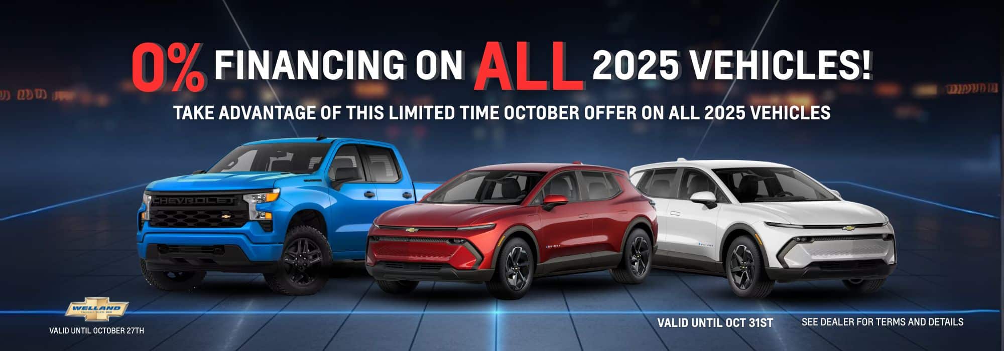 Promotional image featuring three 2025 Chevrolet vehicles: a blue truck, a red SUV, and a white SUV, advertising 0% financing on all 2025 models for a limited time in October.