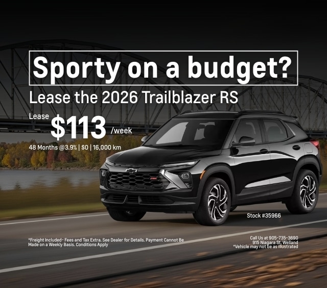 Alt text: Promotional image for leasing the 2026 Chevrolet Trailblazer RS, highlighting a weekly lease price of $113 for 48 months at 3.9% interest, with a mileage limit of 16,000 km. The vehicle is shown on a scenic road with a bridge in the background.