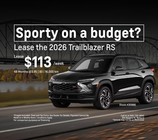 2026 Chevrolet Trailblazer RS lease offer showcasing the vehicle's sporty design, priced at $113 per week for 48 months at 3.9% interest. The image highlights the car's sleek exterior against a scenic background, promoting budget-friendly leasing options with specified mileage and conditions.