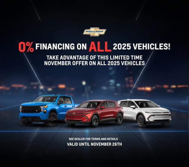 Promotional image featuring three 2025 Chevrolet vehicles with a text overlay announcing 0% financing on all models. The advertisement highlights a limited-time November offer, valid until November 26th, encouraging potential buyers to visit the dealer for terms and details.