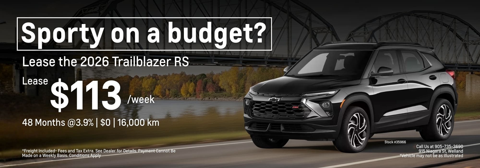 Alt text: Black 2026 Chevrolet Trailblazer RS parked near a river with a bridge in the background, promoting a lease offer of $113 per week for 48 months at 3.9%, highlighting affordability for sporty vehicles.