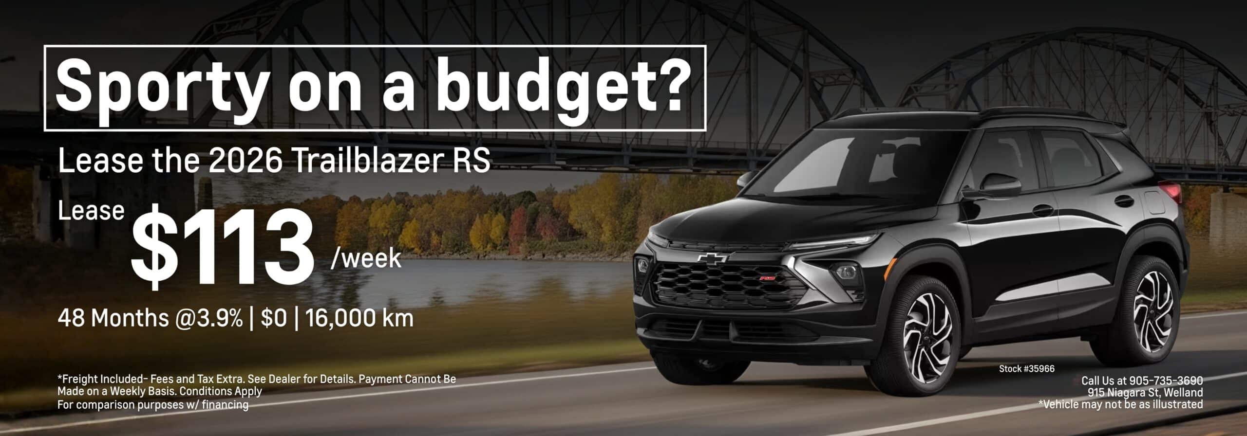 Alt text: Promotional image for leasing the 2026 Chevrolet Trailblazer RS, featuring a black SUV on a scenic road with a bridge in the background. The lease offer includes $113 per week for 48 months at 3.9% interest, with a mileage limit of 16,000 km.