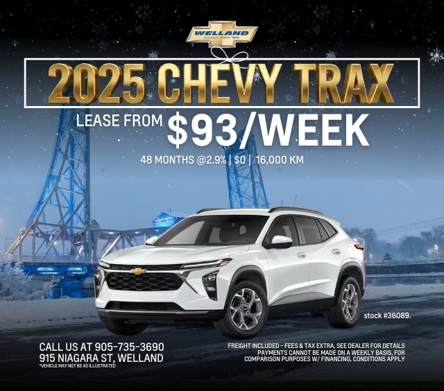 Promotional image for the 2025 Chevy Trax available for lease at $93 per week, featuring details about a 48-month lease at 2.9% interest for 16,000 km. Includes contact information for a dealership in Welland, Ontario.