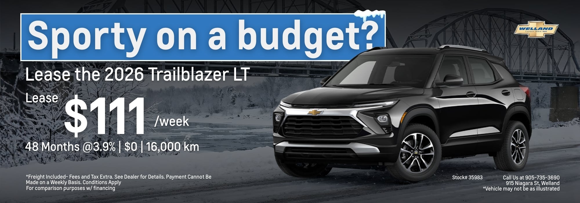 Alt text: Promotional image for leasing a 2026 Chevrolet Trailblazer LT, featuring a black SUV on a snowy background. The lease offer is $111 per week for 48 months at a 3.9% interest rate, with terms including 16,000 km mileage and additional fees.
