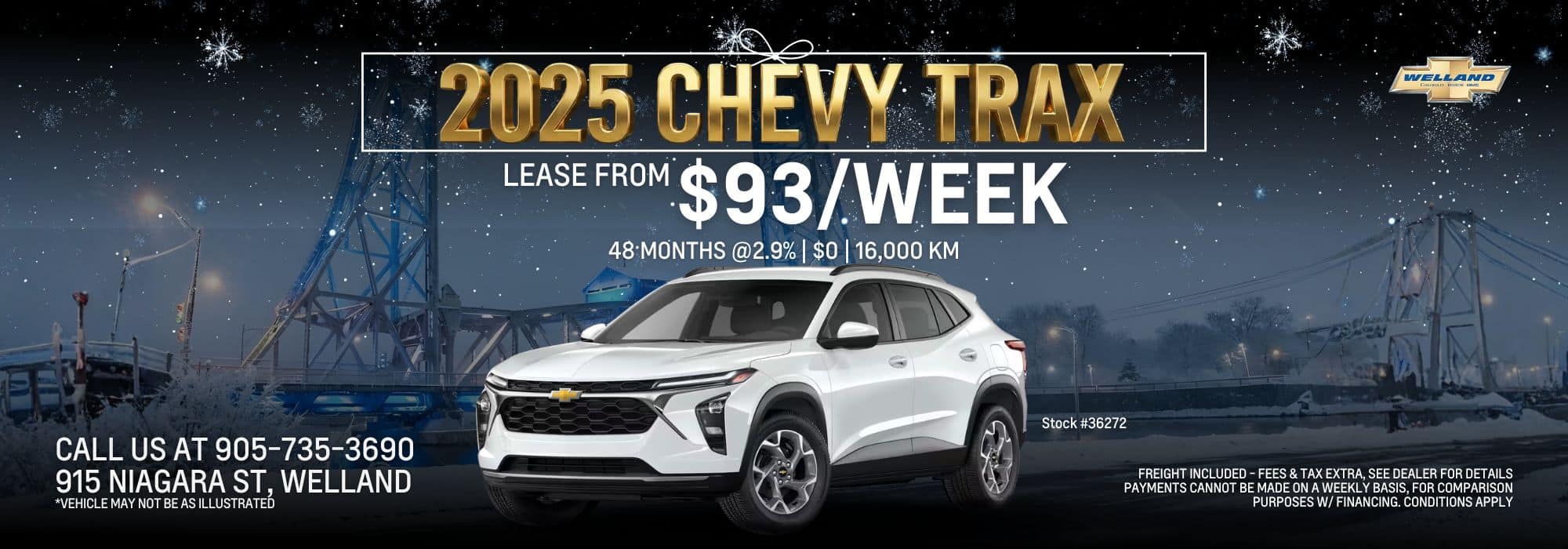 2025 Chevy Trax promotional image showcasing a white SUV against a winter backdrop. Lease offer details: $93/week for 48 months at 2.9%, including 16,000 km. Contact information for Welland dealership included.