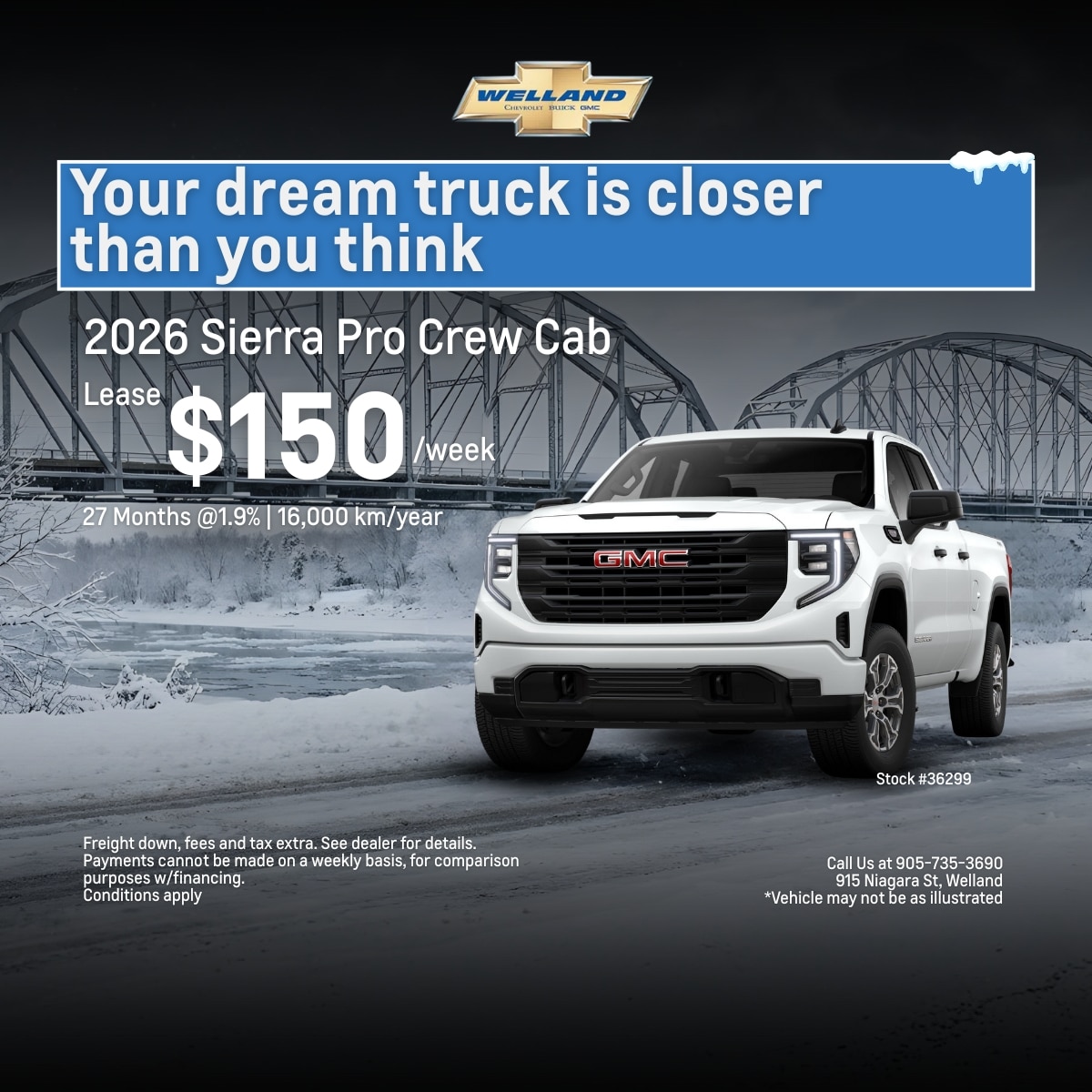 White 2026 Sierra Pro Crew Cab truck advertisement promoting a lease for $150/week.