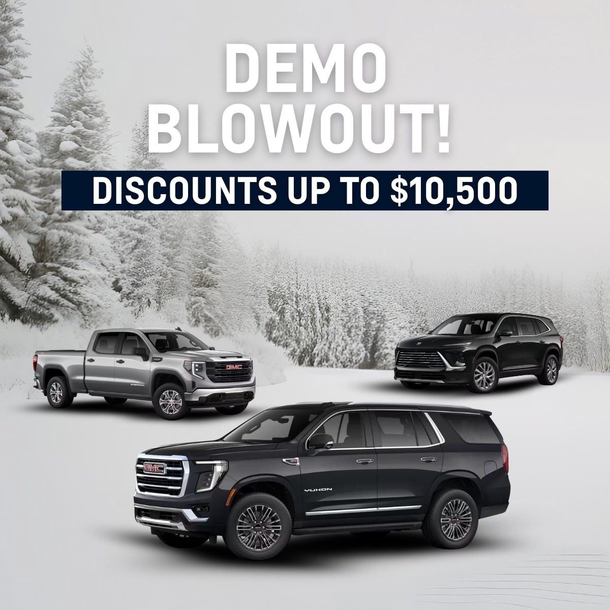 Winter car sale ad featuring SUVs with discounts up to $10,500 amid snowy forest backdrop.