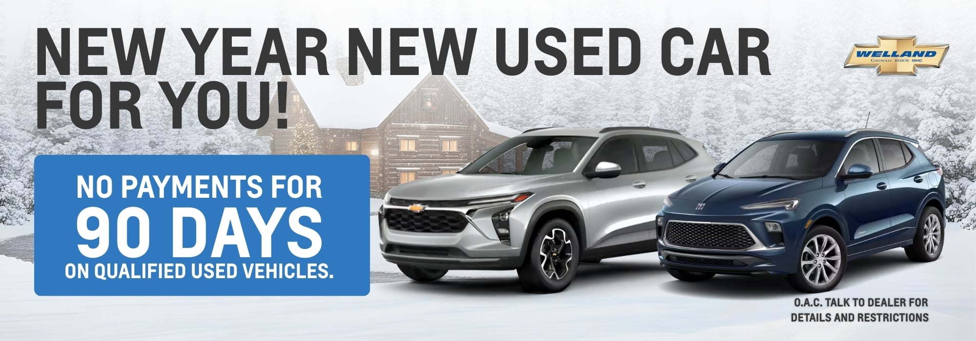 New year car offer banner featuring two SUVs in a snowy backdrop, with "No payments for 90 days" promotion.