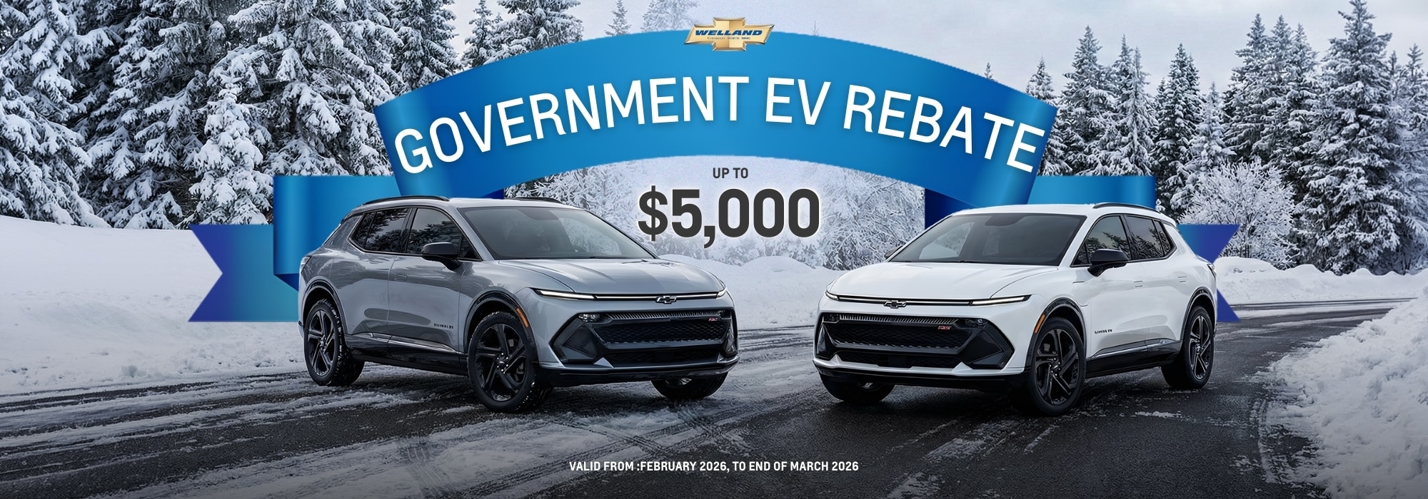 Two Chevy EVs on a snowy road promote a $5,000 government rebate, valid February to March 2026.
