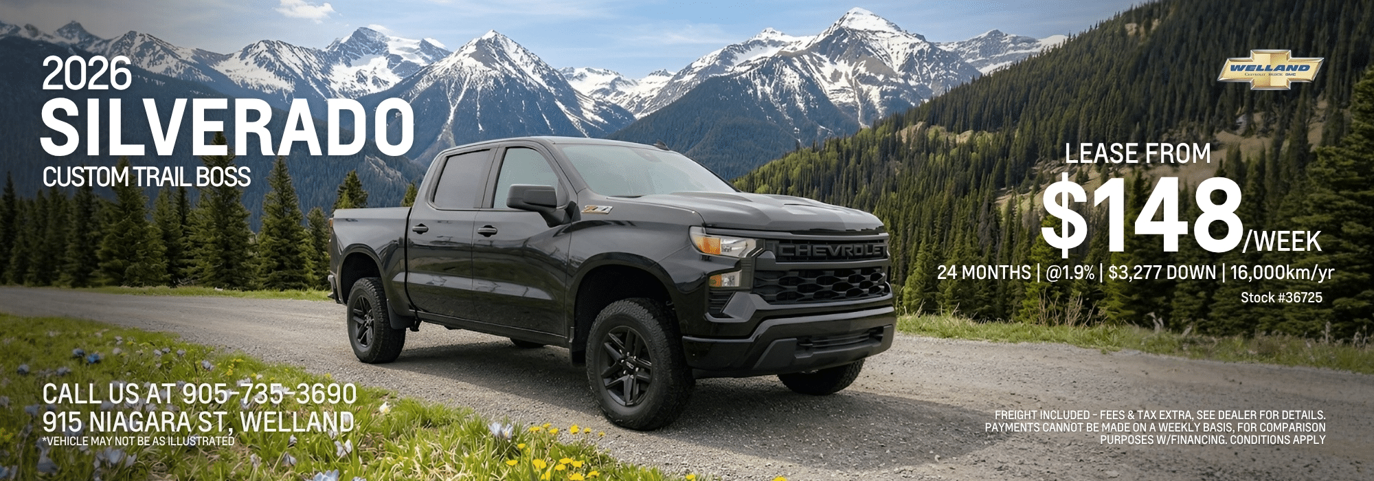 2026 Silverado Custom Trail Boss in mountain scenery, lease for $148/week at Welland Chevrolet.