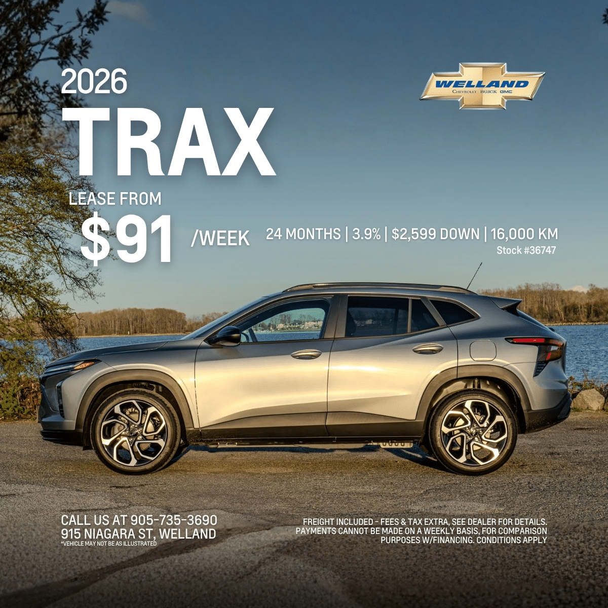 2026 silver Trax SUV promotion: $91/week, 24 months, 3.9% interest, $2,599 down at Welland dealership.