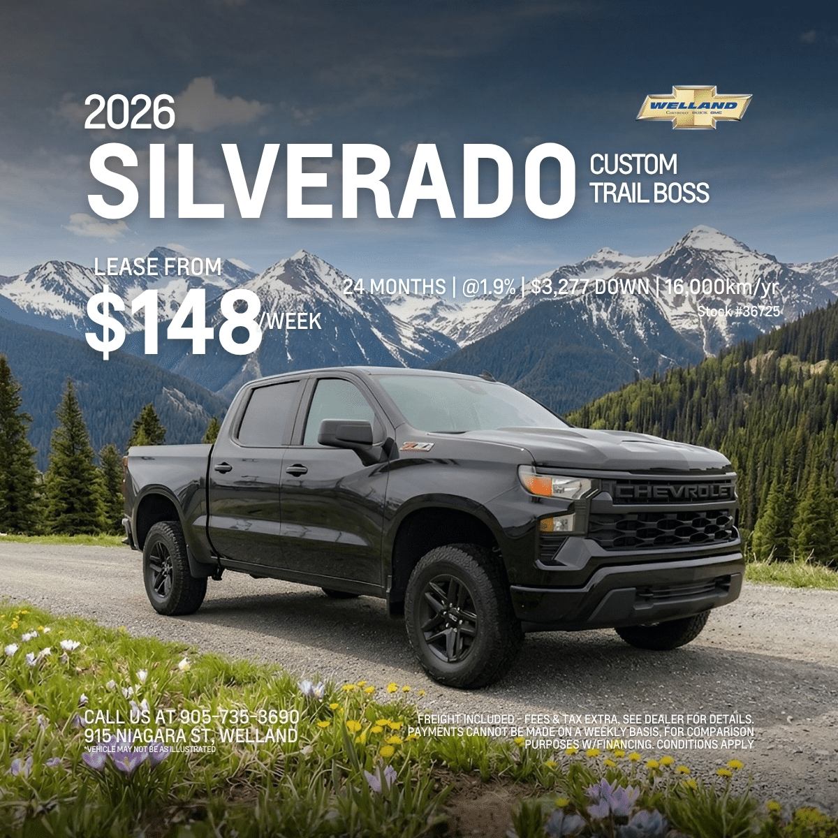 2026 Silverado Custom Trail Boss on mountain road, lease from $148/week, contact details at bottom.