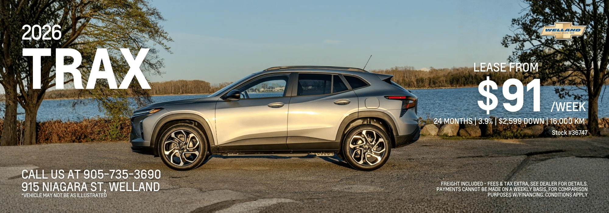 2026 Chevy Trax parked by a lake, lease from $91/week. Dealer contact: 905-735-3690, Welland.