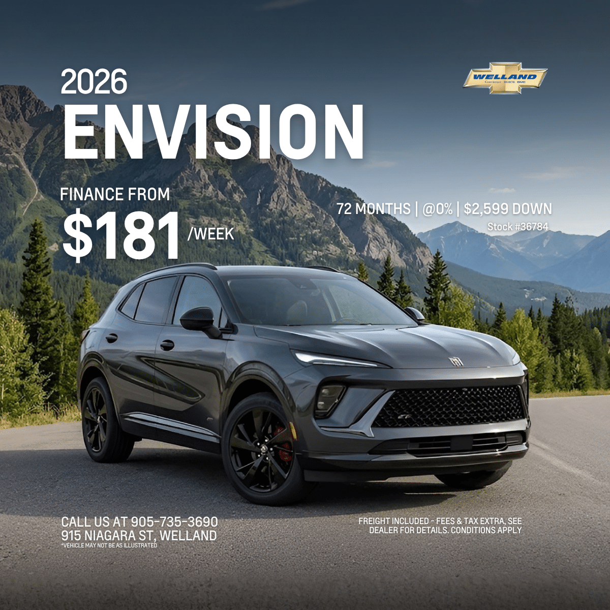 2026 Envision SUV on mountain road, available for $181/week financing at Welland Chevrolet.