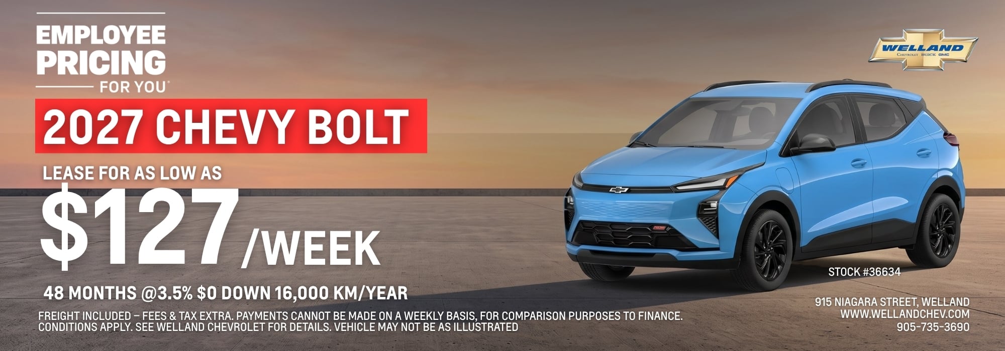 2027 Chevy Bolt lease for $127/week at Welland Chevrolet, 48 months, 16,000 km/year, $0 down.