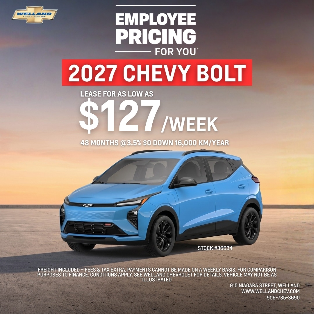 Blue 2027 Chevy Bolt ad promoting employee pricing, $127/week lease, 48 months at 3.5% interest, zero down.
