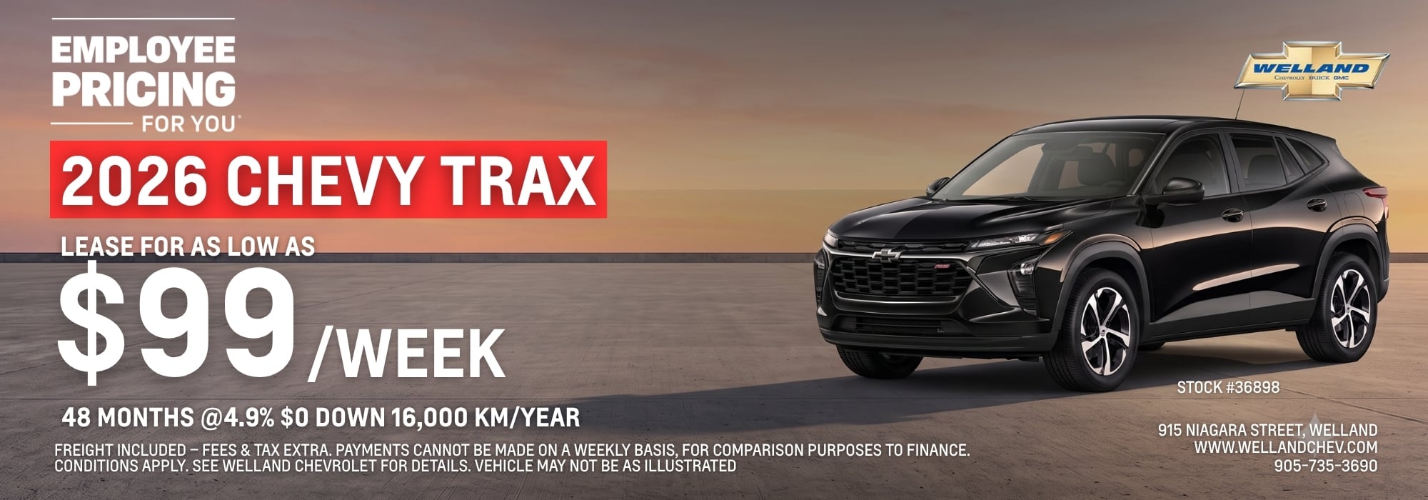 Lease the 2026 Chevy Trax for $99/week. Offer details and contact information included.