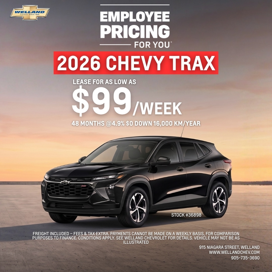 2026 Chevy Trax lease offer: $99/week, 48 months at 4.9% APR, zero down, 16,000 km/year. Welland Chevrolet.