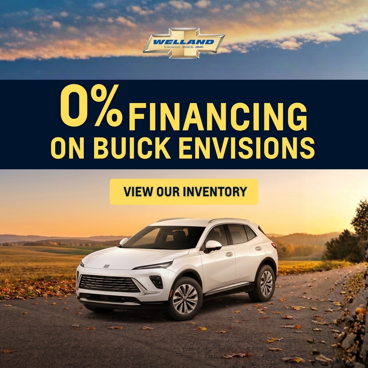 White Buick Envision on a scenic road with "0% Financing" offer from Welland.