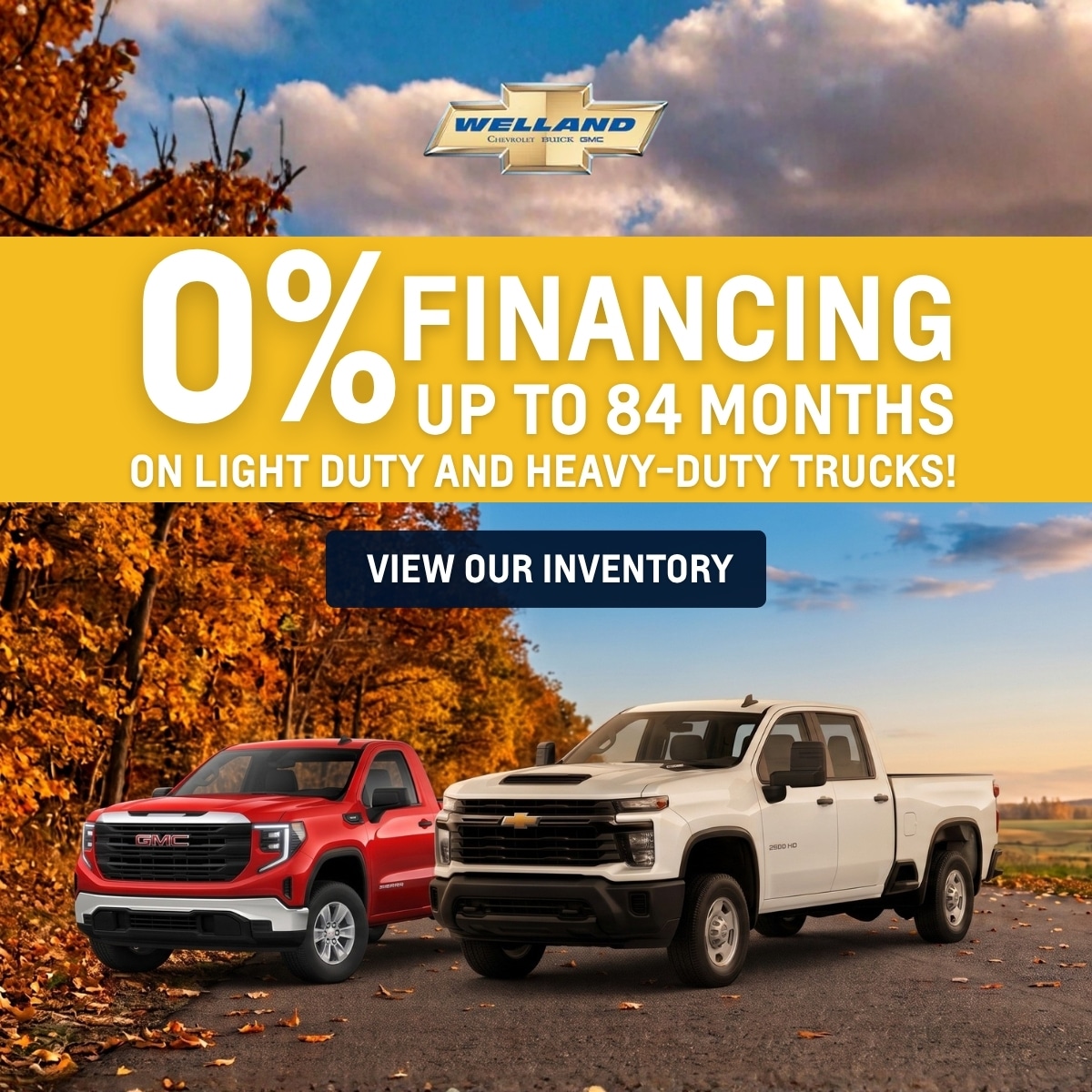 Promotion for 0% financing on GMC and Chevrolet trucks with autumn scenery and clouded sky.