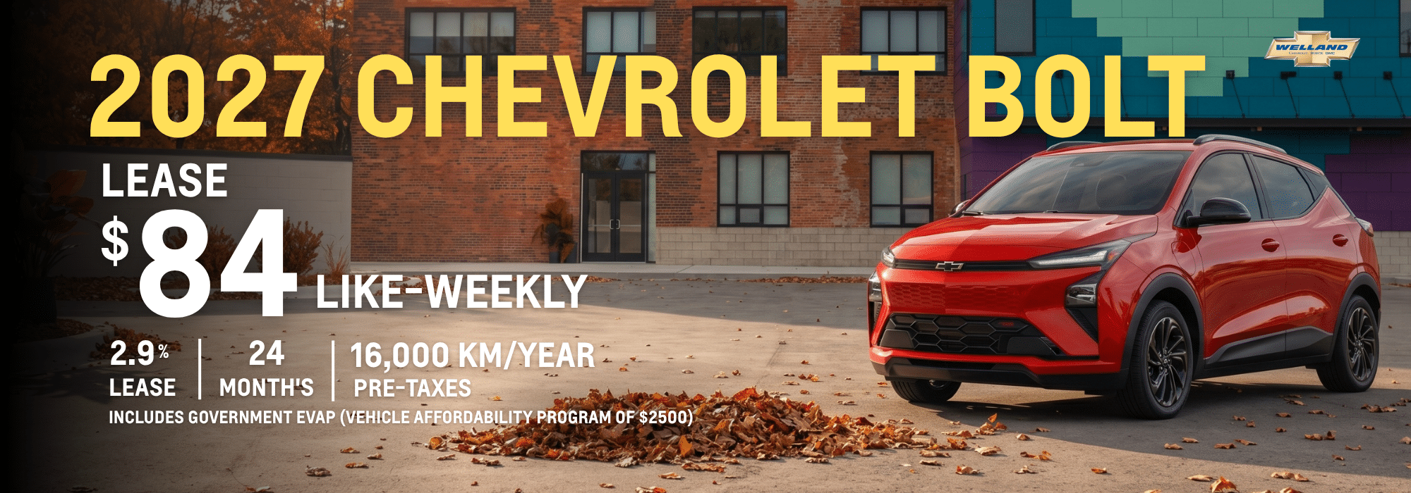 2027 Chevrolet Bolt showcased in a vibrant ad with lease details: $84 weekly, 2.9% rate for 24 months.