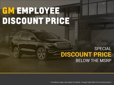 GM employee discount promotional image showcasing a black SUV with text highlighting special pricing below the MSRP. The design emphasizes exclusive employee discounts for customers, encouraging inquiries at dealerships for specific details.