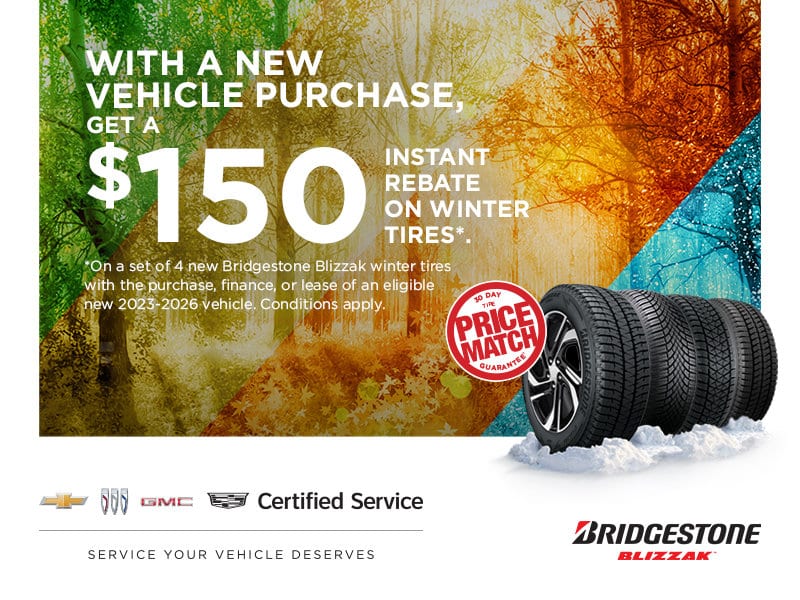 Promotional image for Bridgestone Blizzak winter tires offering a $150 rebate with the purchase of a new vehicle, featuring a background of seasonal trees and a wheel with tires. Highlights Certified Service and a 30-day price match guarantee.