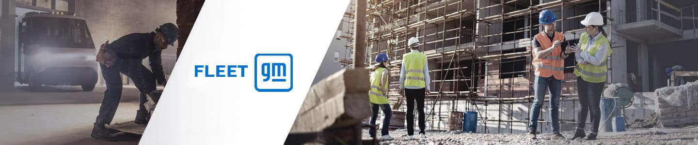 Image showcasing a construction site on one side and a maintenance area on the other, featuring professionals in safety gear collaborating and using technology. The GM Fleet logo is prominently displayed, emphasizing fleet management and operational efficiency in construction and maintenance environments.