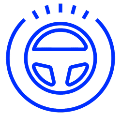 Icon of a steering wheel enclosed in a circular design, representing driving and automotive themes.