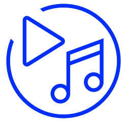 Blue music play button icon featuring a triangular play symbol and musical notes inside a circular outline.