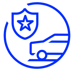 Line art illustration of a police badge with a star next to a police car, symbolizing law enforcement and public safety.