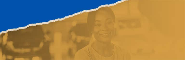 Smiling young woman in a casual setting with a blurred background, featuring a vibrant blue and orange color split design. Ideal for themes of positivity, customer service, or community engagement.
