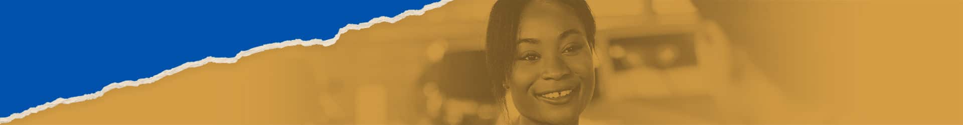 Smiling young woman in a casual setting with a blurred background, featuring a vibrant blue and orange color split design. Ideal for themes of positivity, customer service, or community engagement.