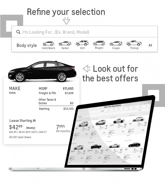Car selection interface showing various body styles including sedan, hatchback, and SUV, along with pricing details such as MSRP and lease starting at $42.85 weekly for an estimated 60 months. Laptop display featuring an assortment of vehicles for selection.