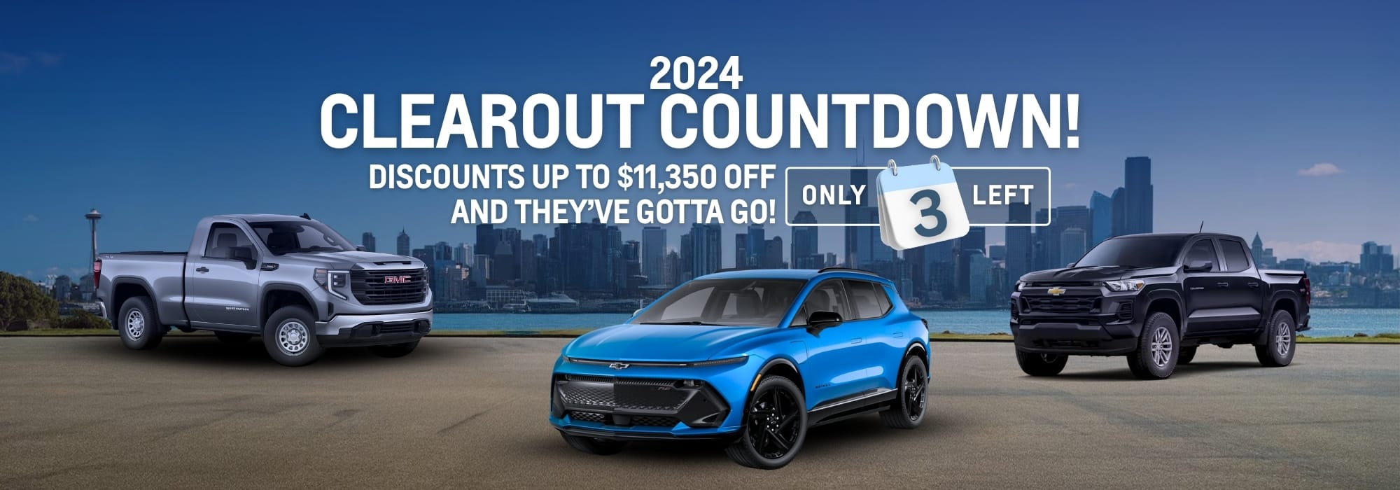 2024 vehicle clearout sale featuring a silver GMC Sierra, blue Chevrolet Blazer, and black Chevrolet Colorado, with discounts up to $11,350 and only three vehicles left.