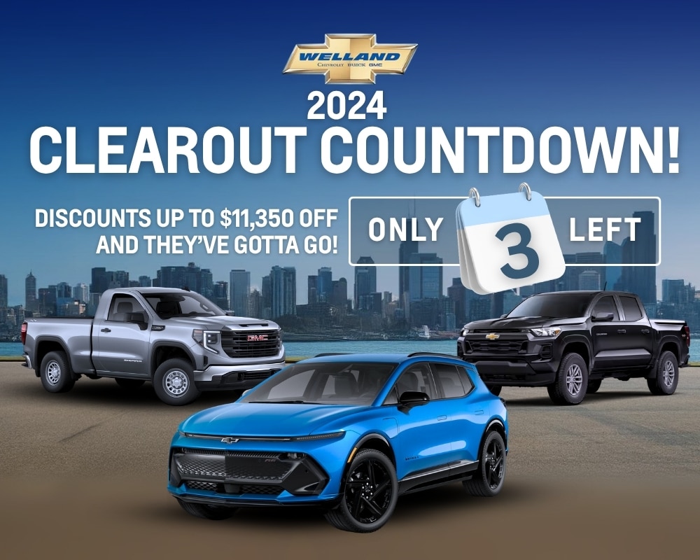 Promotional image for Welland Chevrolet's 2024 Clearout Countdown event featuring three vehicles: a blue Chevrolet SUV, a gray GMC pickup truck, and a black Chevrolet truck. The image highlights discounts up to $11,350 and emphasizes urgency with "Only 3 Left!" against a city skyline backdrop.