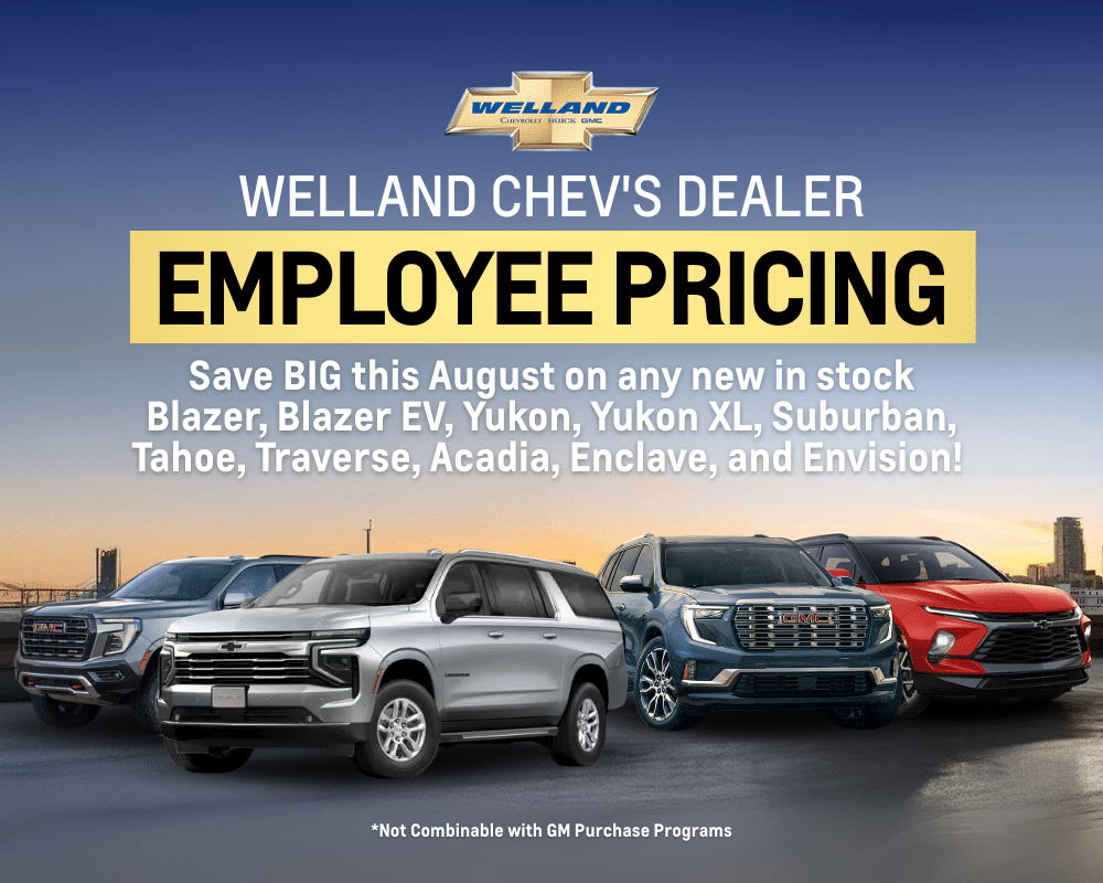 Promotional image for Welland Chevy's Employee Pricing event, showcasing a variety of new Chevrolet and GMC models including Blazer, Blazer EV, Yukon, Yukon XL, Suburban, Tahoe, Traverse, Acadia, Enclave, and Envision. The ad highlights significant savings available in August, with a note that the offer is not combinable with GM Purchase Programs.