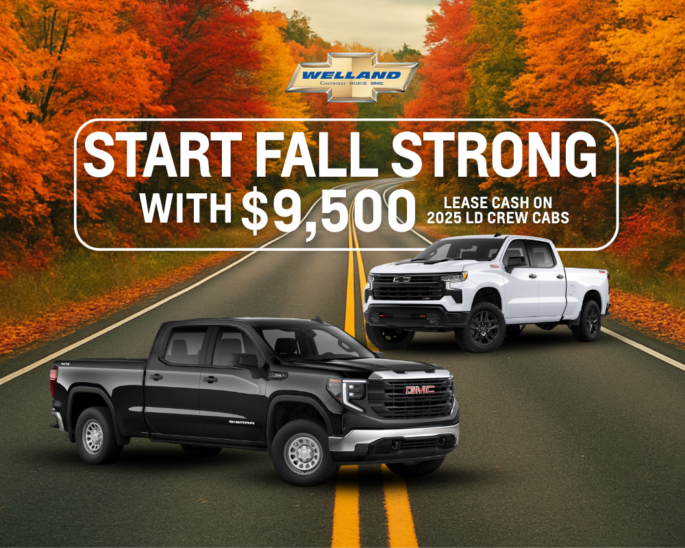 Promotional image featuring a black GMC Sierra and a white Chevrolet Silverado on a scenic autumn road, highlighting a special offer of $9,500 lease cash on 2025 LD crew cabs from Welland Chevrolet Buick GMC.