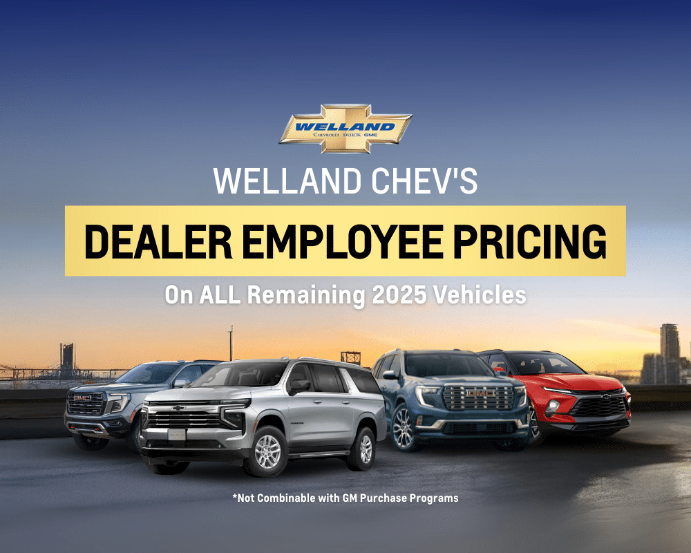 Welland Chev promotional banner showcasing dealer employee pricing on all remaining 2025 vehicles, featuring a lineup of Chevrolet and GMC models against a city skyline backdrop.