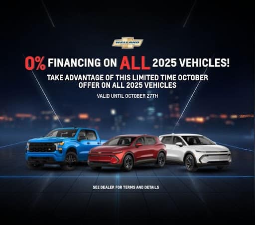 Promotional image featuring three Chevrolet 2025 vehicles with a bold announcement of 0% financing on all models. The text highlights a limited-time offer valid until October 27th, encouraging customers to visit the dealer for terms and details.