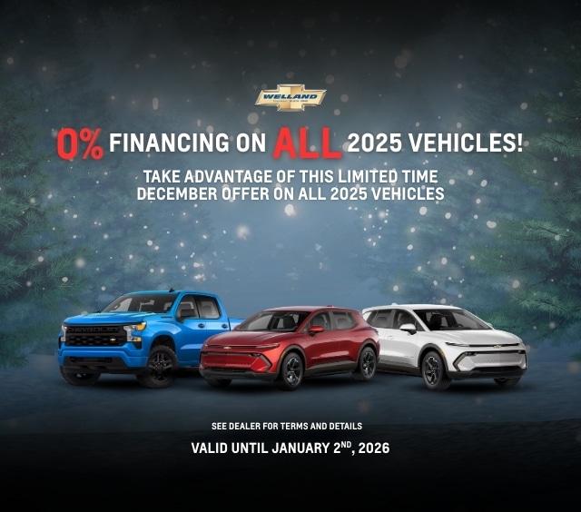 Promotional image featuring three 2025 Chevrolet vehicles with a text overlay announcing 0% financing on all models. The advertisement highlights a limited-time November offer, valid until November 26th, encouraging potential buyers to visit the dealer for terms and details.