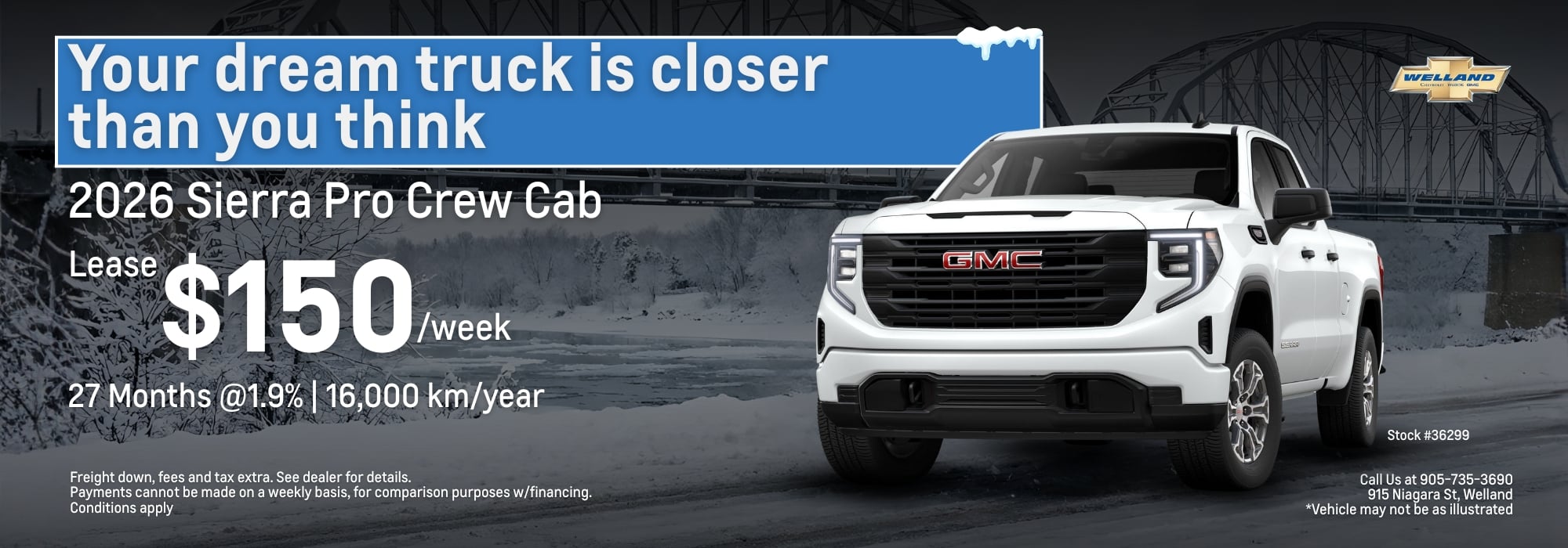 2026 Sierra Pro Crew Cab lease offer at $150/week for 27 months, 1.9% interest, 16,000 km/year.