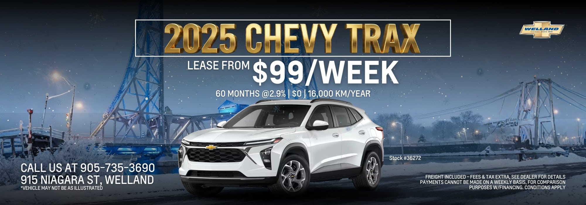2025 Chevy Trax lease offer at $99/week, featuring a white SUV with local dealer details in Welland.