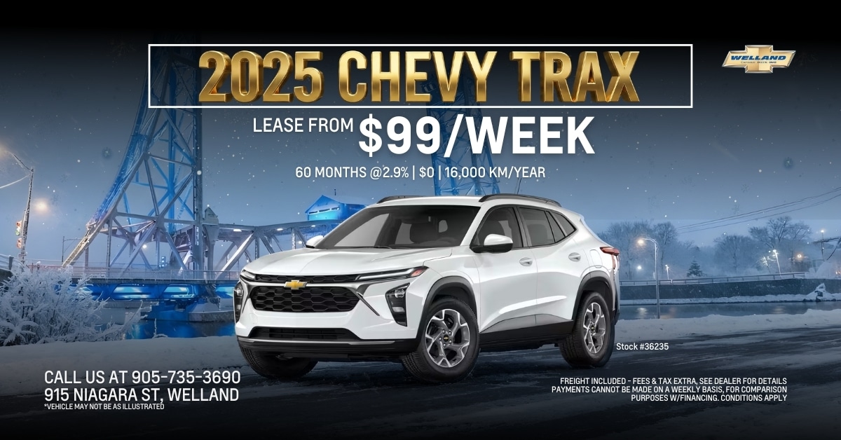 2025 Chevy Trax leasing ad with a snowy backdrop, $99/week, 60 months at 2.9%, 16,000 km/year, Welland dealership info.