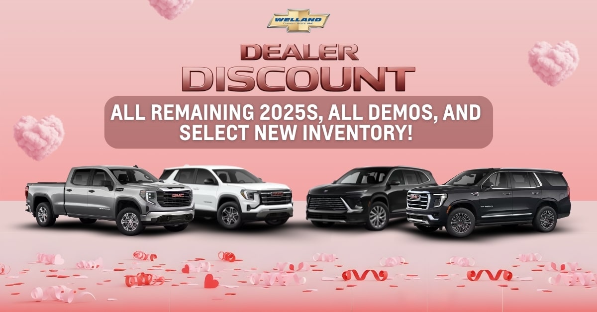 Car dealership promotion with a discount on 2025 models, demos, and new inventory.