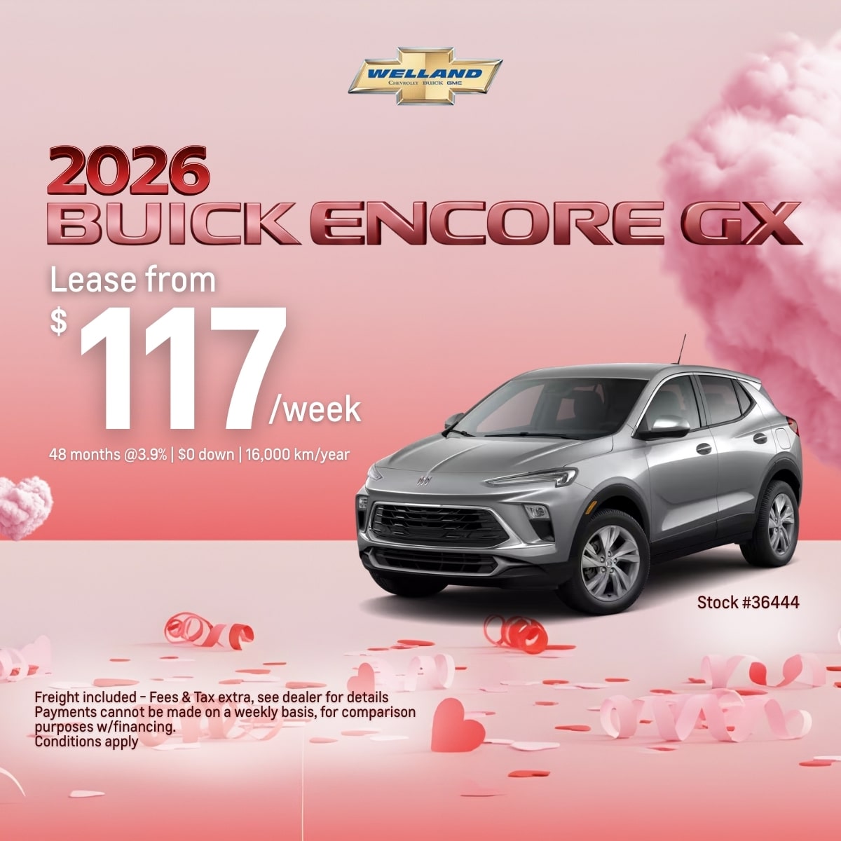 2026 Buick Encore GX lease offer at $117/week with conditions and financing details on a pink background.